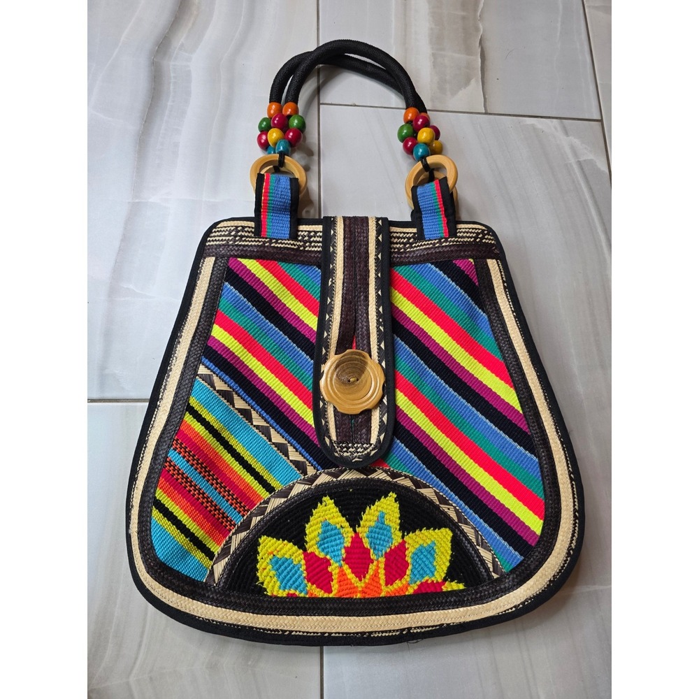Boho Woven Straw Striped Tote Bag Multi Color Embroidered Floral Wooden F1 - Picture 2 of 16